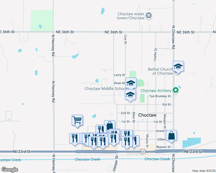 map of restaurants, bars, coffee shops, grocery stores, and more near 14438 Norton Lane in Choctaw