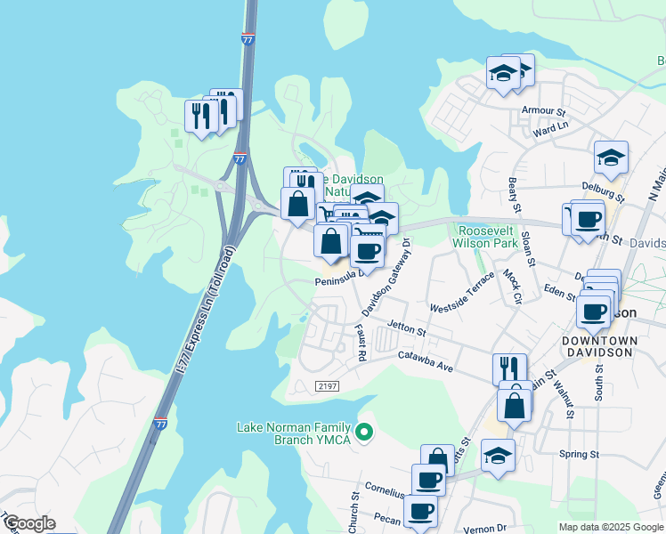 map of restaurants, bars, coffee shops, grocery stores, and more near 605 Jetton Street in Davidson