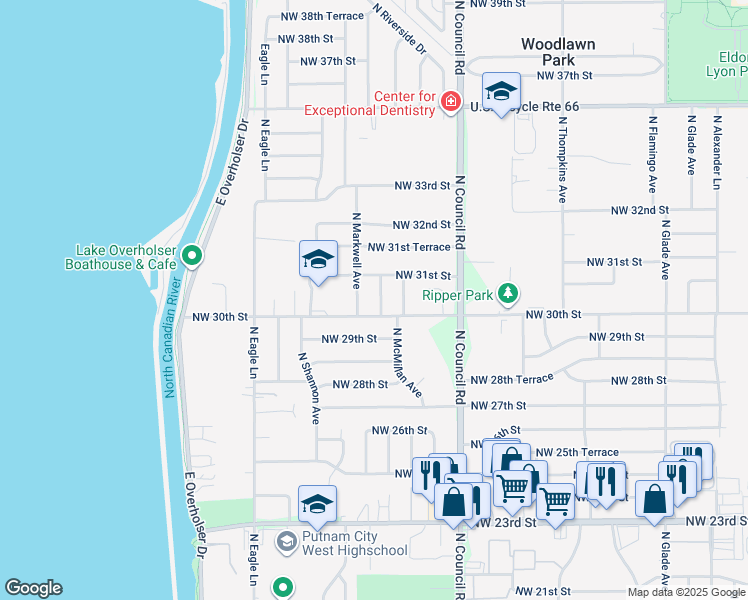 map of restaurants, bars, coffee shops, grocery stores, and more near 8104 Northwest 30th Street in Bethany