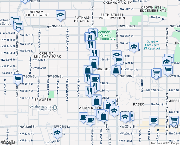 map of restaurants, bars, coffee shops, grocery stores, and more near 1406 Northwest 30th Street in Oklahoma City