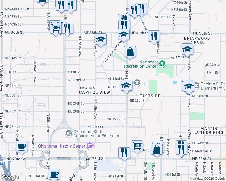 map of restaurants, bars, coffee shops, grocery stores, and more near 3101 North Laird Avenue in Oklahoma City