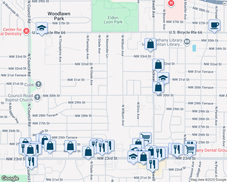 map of restaurants, bars, coffee shops, grocery stores, and more near 7317 Northwest 30th Street in Bethany