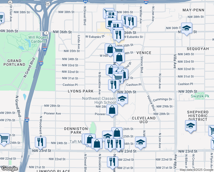 map of restaurants, bars, coffee shops, grocery stores, and more near 2941 Northwest 30th Street in Oklahoma City