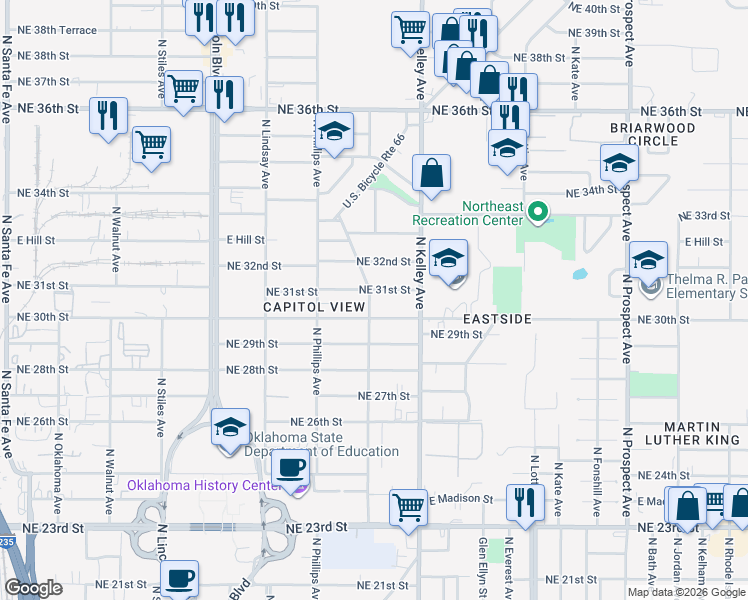 map of restaurants, bars, coffee shops, grocery stores, and more near 3101 North Laird Avenue in Oklahoma City