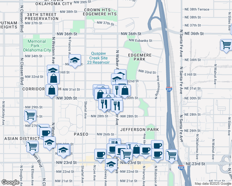 map of restaurants, bars, coffee shops, grocery stores, and more near 3020 North Walker Avenue in Oklahoma City