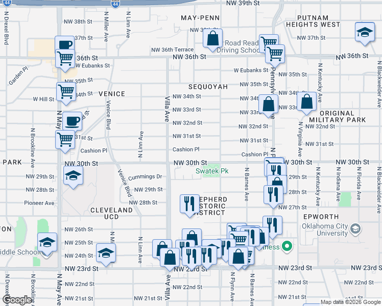 map of restaurants, bars, coffee shops, grocery stores, and more near 2345 Northwest 30th Street in Oklahoma City