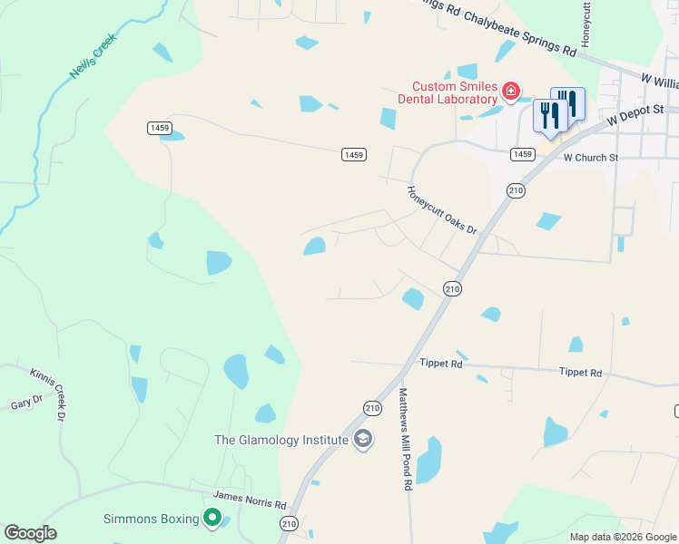 map of restaurants, bars, coffee shops, grocery stores, and more near 210 Kings Way in Angier