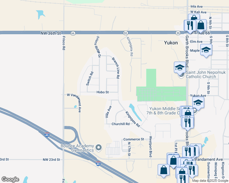 map of restaurants, bars, coffee shops, grocery stores, and more near 1805 Hobo Street in Yukon