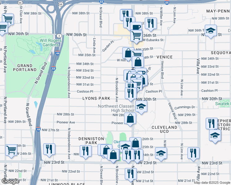 map of restaurants, bars, coffee shops, grocery stores, and more near 3000 Cashion Place in Oklahoma City