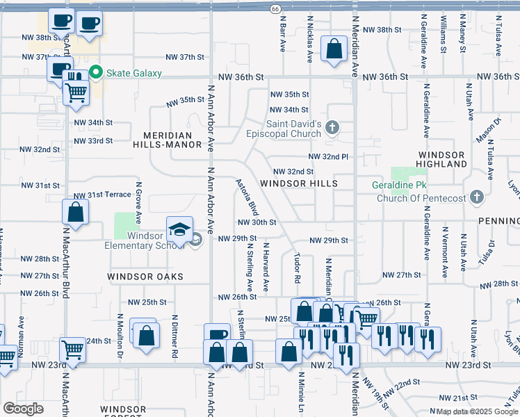 map of restaurants, bars, coffee shops, grocery stores, and more near 4708 Northwest 30th Street in Oklahoma City