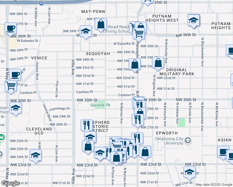 map of restaurants, bars, coffee shops, grocery stores, and more near 2221 Northwest 30th Street in Oklahoma City