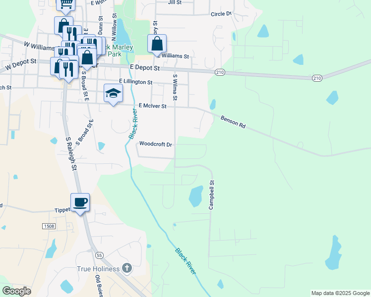 map of restaurants, bars, coffee shops, grocery stores, and more near 311 Horseshoe Place in Angier