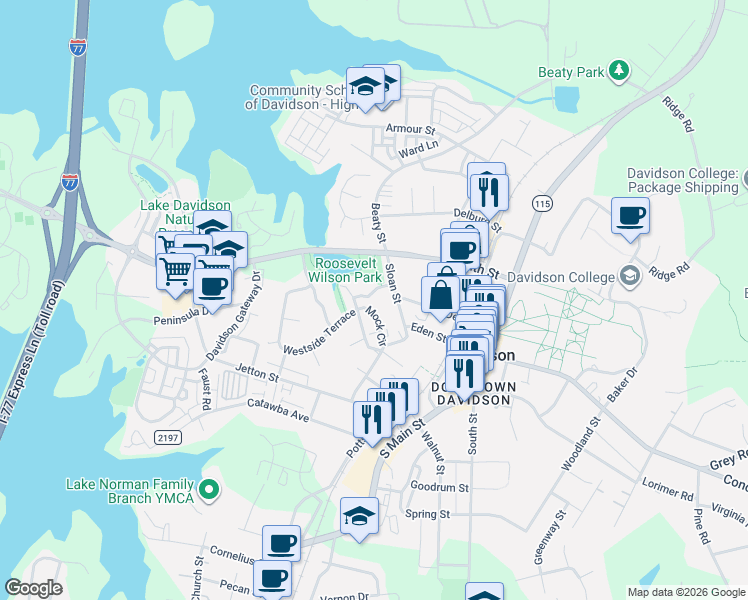 map of restaurants, bars, coffee shops, grocery stores, and more near 124 Mock Circle in Davidson