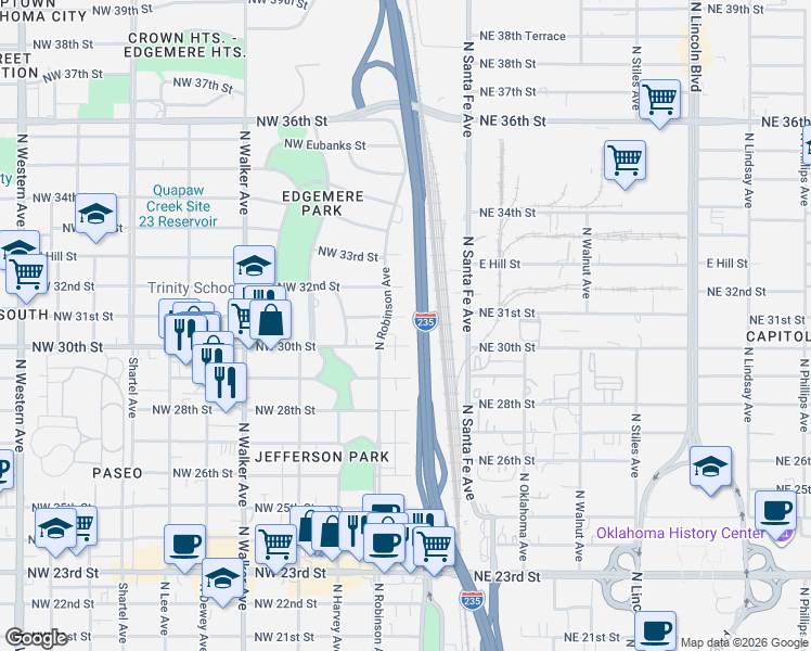 map of restaurants, bars, coffee shops, grocery stores, and more near 124 Northwest 30th Street in Oklahoma City