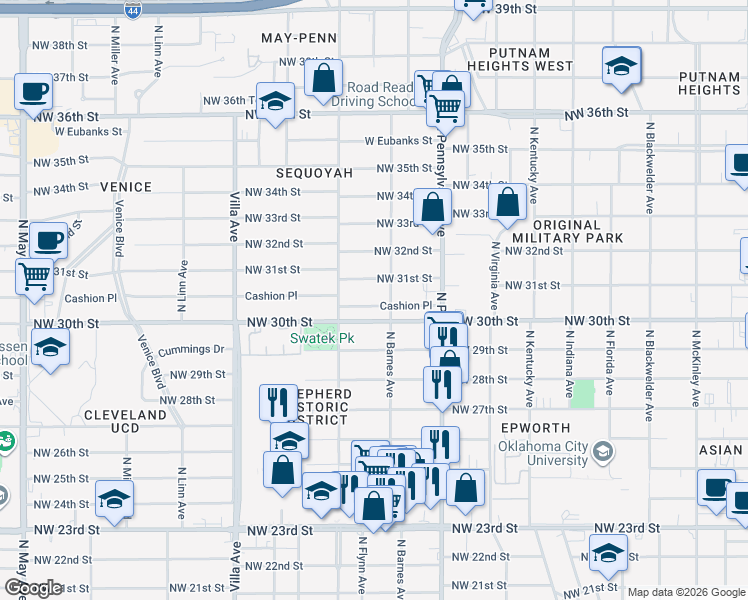 map of restaurants, bars, coffee shops, grocery stores, and more near 2221 Northwest 30th Street in Oklahoma City
