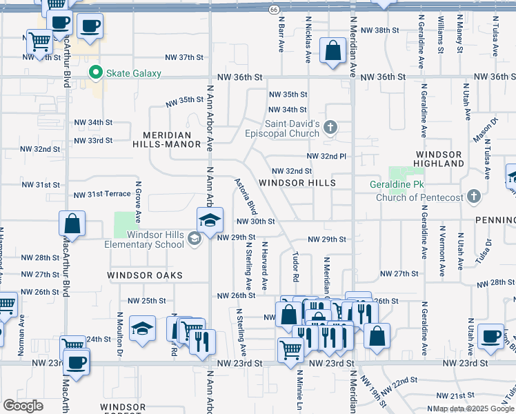 map of restaurants, bars, coffee shops, grocery stores, and more near 4708 Northwest 30th Street in Oklahoma City