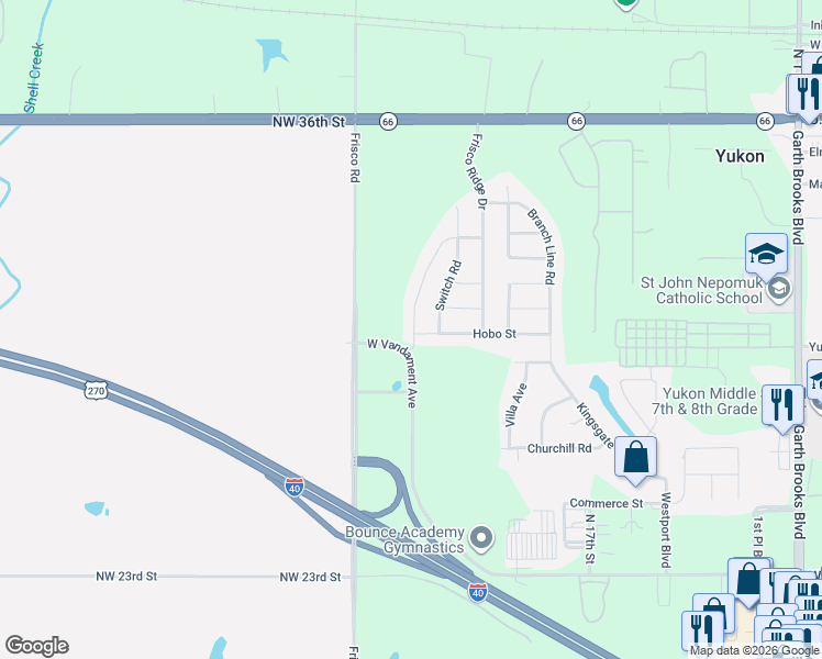 map of restaurants, bars, coffee shops, grocery stores, and more near Hobo Street in Yukon