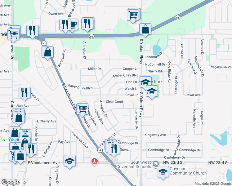 map of restaurants, bars, coffee shops, grocery stores, and more near 921 Clear Creek in Yukon