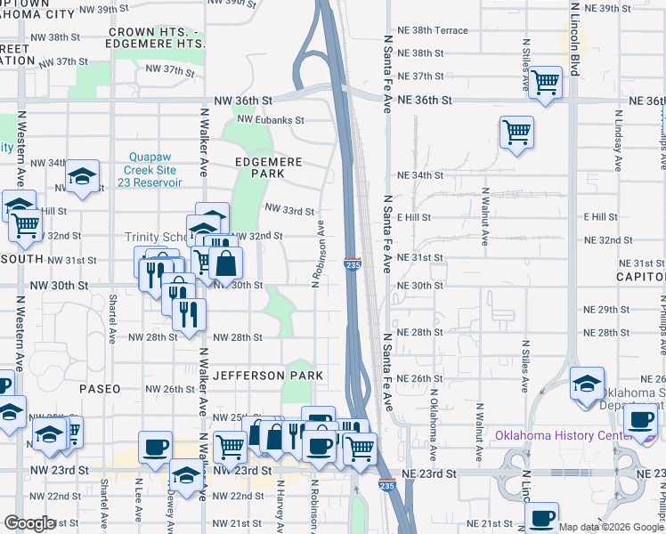 map of restaurants, bars, coffee shops, grocery stores, and more near 120 Northwest 31st Street in Oklahoma City