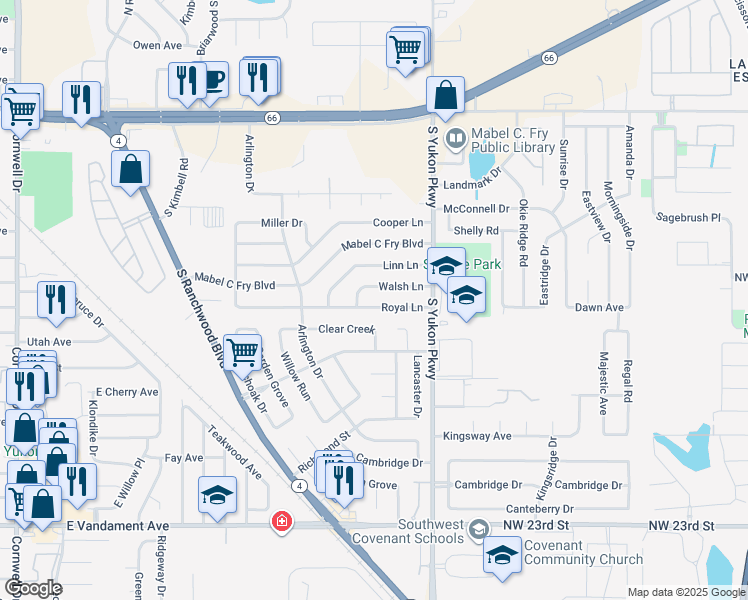 map of restaurants, bars, coffee shops, grocery stores, and more near 1011 Royal Lane in Yukon