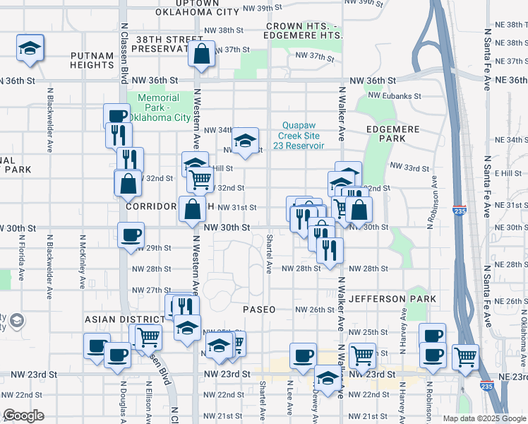 map of restaurants, bars, coffee shops, grocery stores, and more near 3213 North Shartel Avenue in Oklahoma City