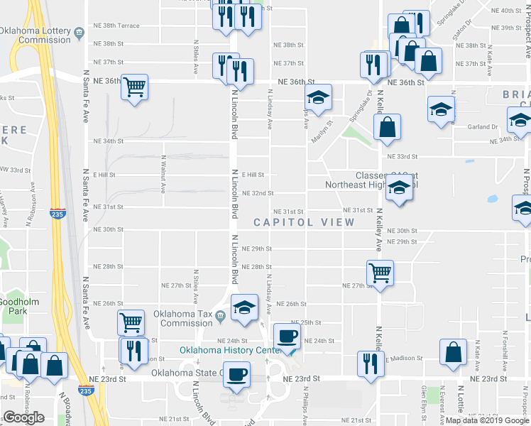 map of restaurants, bars, coffee shops, grocery stores, and more near 3217 North Lindsay Avenue in Oklahoma City