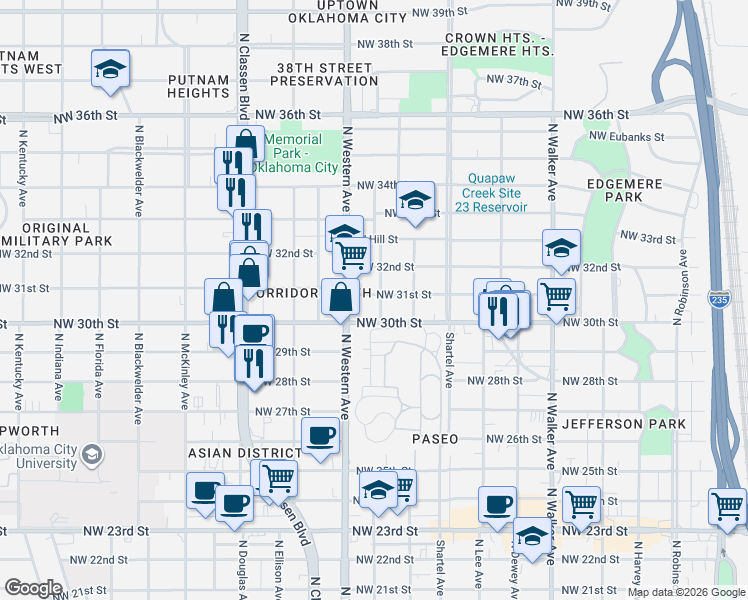 map of restaurants, bars, coffee shops, grocery stores, and more near 3215 North Olie Avenue in Oklahoma City