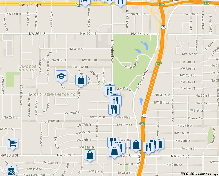 map of restaurants, bars, coffee shops, grocery stores, and more near 3201 North Portland Avenue in Oklahoma City