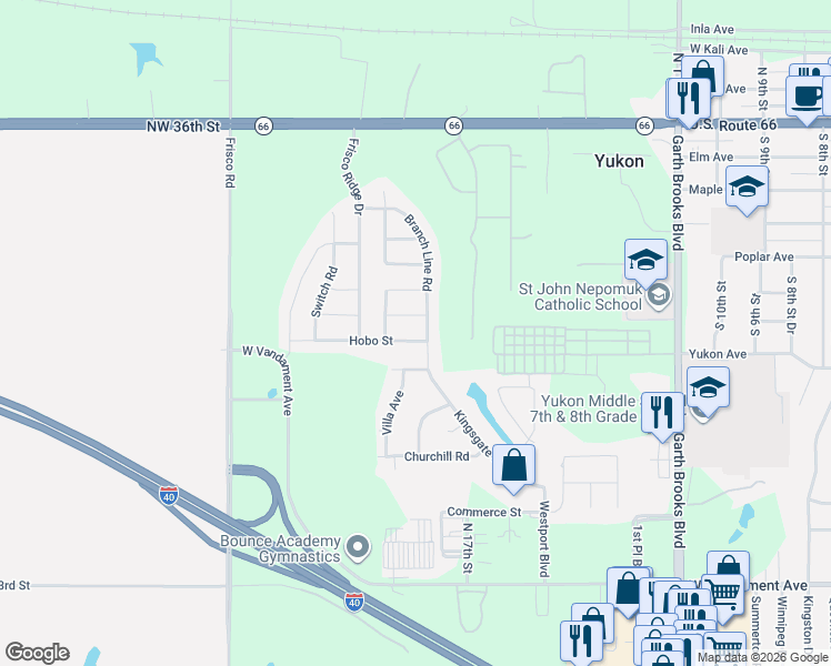 map of restaurants, bars, coffee shops, grocery stores, and more near 1805 Hobo Street in Yukon