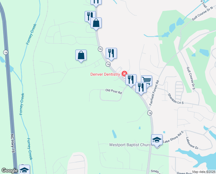 map of restaurants, bars, coffee shops, grocery stores, and more near 7668 Old Post Road in Denver