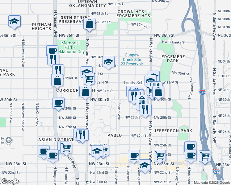 map of restaurants, bars, coffee shops, grocery stores, and more near 3213 North Shartel Avenue in Oklahoma City