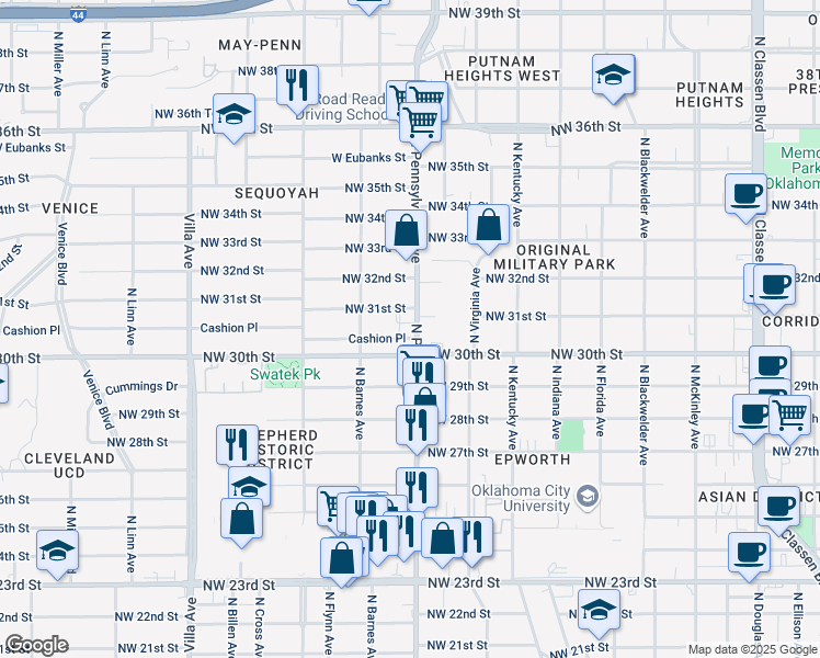 map of restaurants, bars, coffee shops, grocery stores, and more near 2109 Northwest 31st Street in Oklahoma City