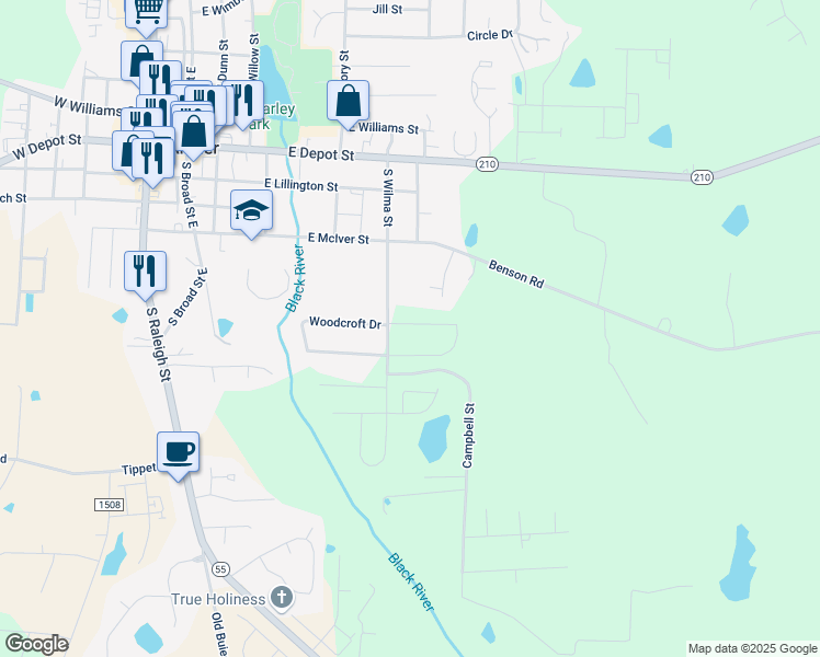 map of restaurants, bars, coffee shops, grocery stores, and more near 311 Horseshoe Place in Angier