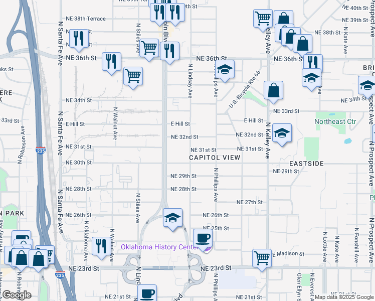 map of restaurants, bars, coffee shops, grocery stores, and more near 3217 North Lindsay Avenue in Oklahoma City