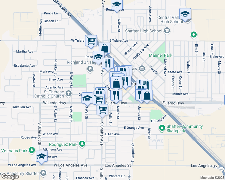 map of restaurants, bars, coffee shops, grocery stores, and more near 224 California Avenue in Shafter