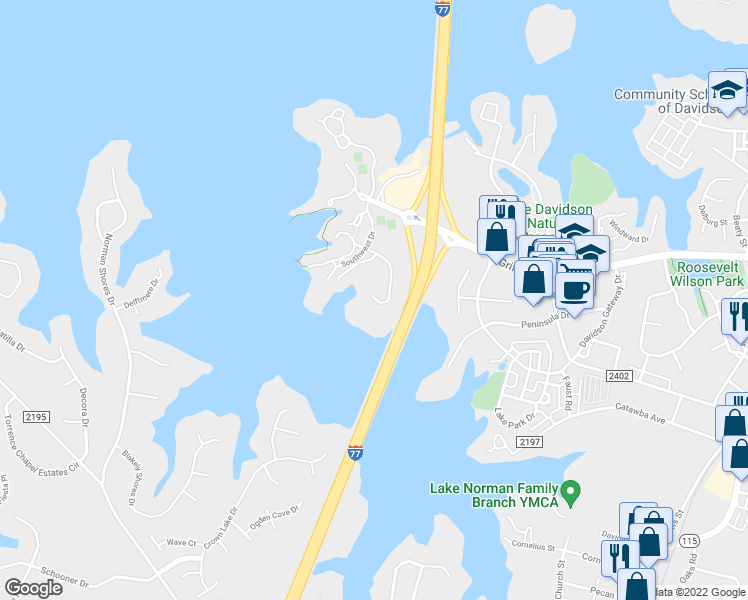 map of restaurants, bars, coffee shops, grocery stores, and more near 1200 Torrence Creek in Davidson