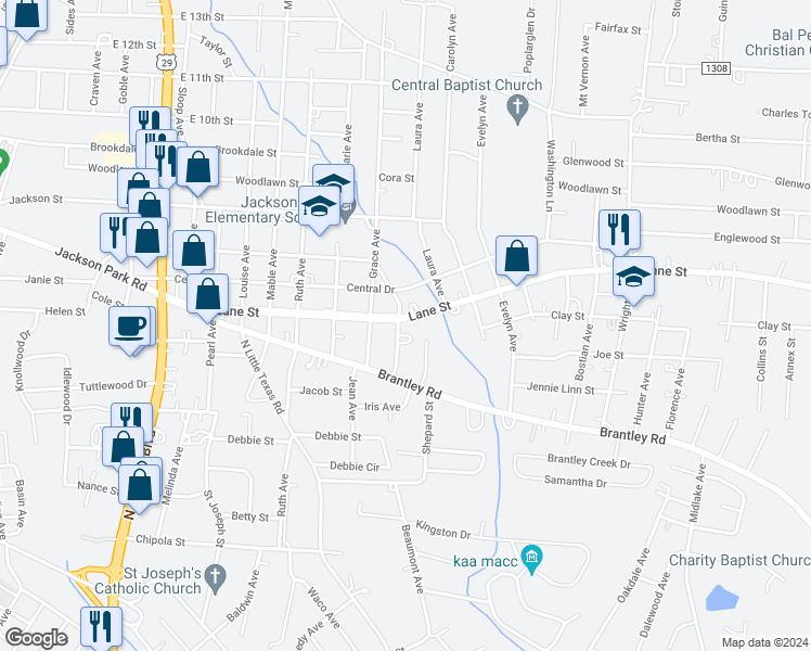map of restaurants, bars, coffee shops, grocery stores, and more near 1508 Lane Street in Kannapolis