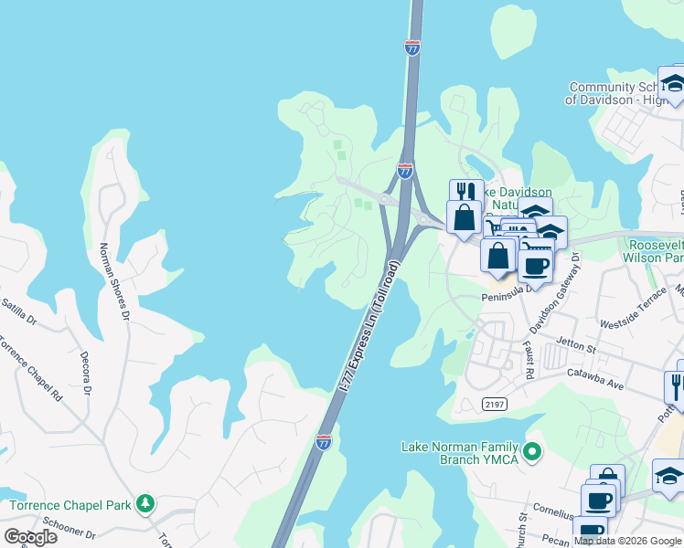 map of restaurants, bars, coffee shops, grocery stores, and more near 1064 Southwest Drive in Davidson