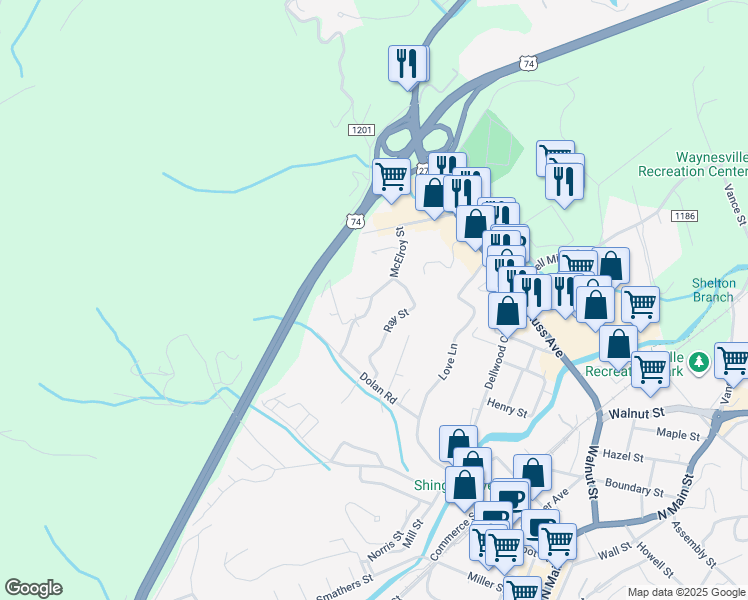 map of restaurants, bars, coffee shops, grocery stores, and more near 388 Ray Street in Waynesville
