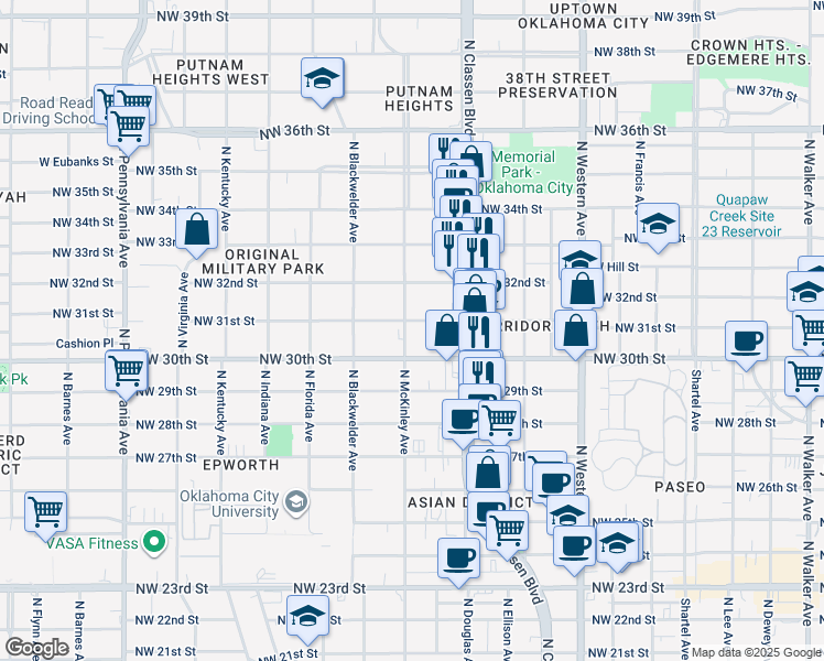 map of restaurants, bars, coffee shops, grocery stores, and more near 1437 Northwest 31st Street in Oklahoma City