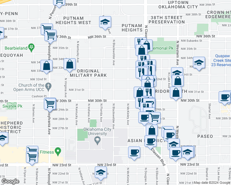 map of restaurants, bars, coffee shops, grocery stores, and more near 3205 North Blackwelder Avenue in Oklahoma City