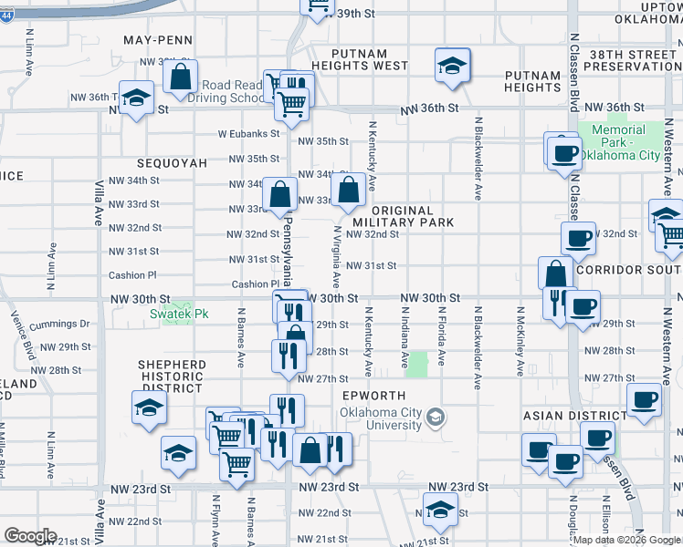 map of restaurants, bars, coffee shops, grocery stores, and more near 1929 Northwest 31st Street in Oklahoma City
