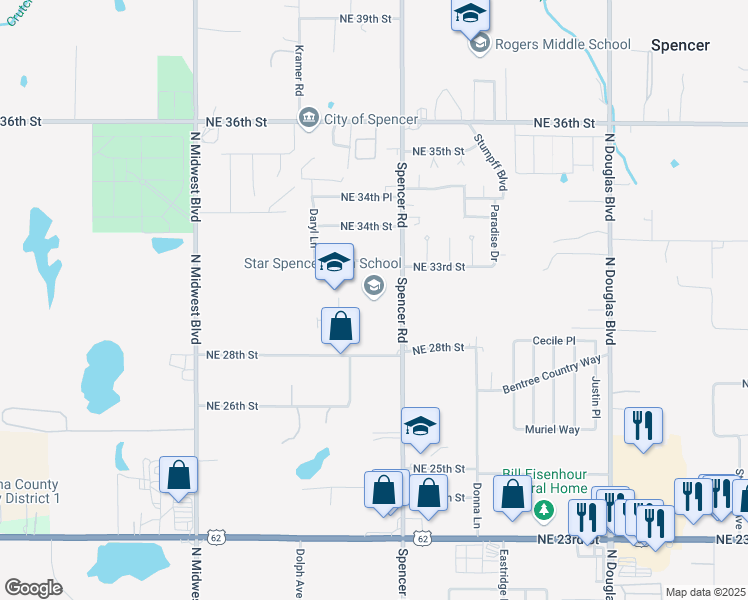 map of restaurants, bars, coffee shops, grocery stores, and more near 3001 Spencer Road in Spencer