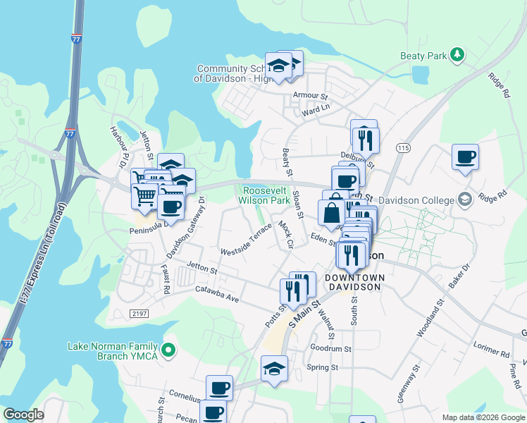 map of restaurants, bars, coffee shops, grocery stores, and more near 222 Mock Road in Davidson