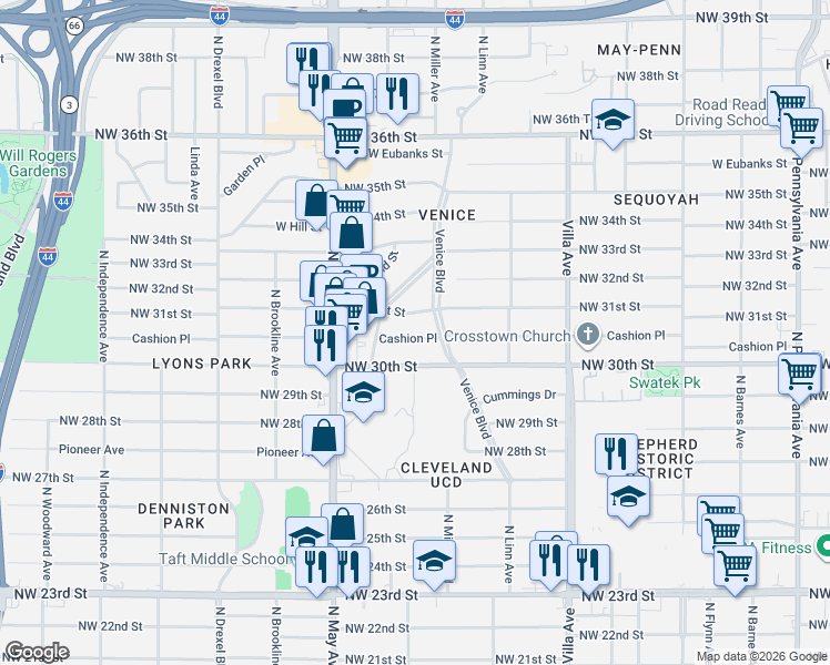 map of restaurants, bars, coffee shops, grocery stores, and more near 2720 Northwest 31st Street in Oklahoma City