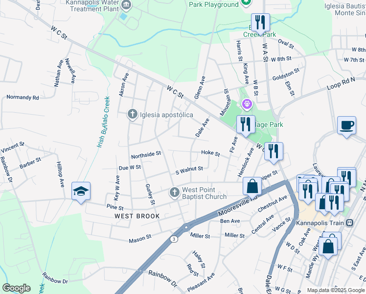 map of restaurants, bars, coffee shops, grocery stores, and more near Maywood Street in Kannapolis