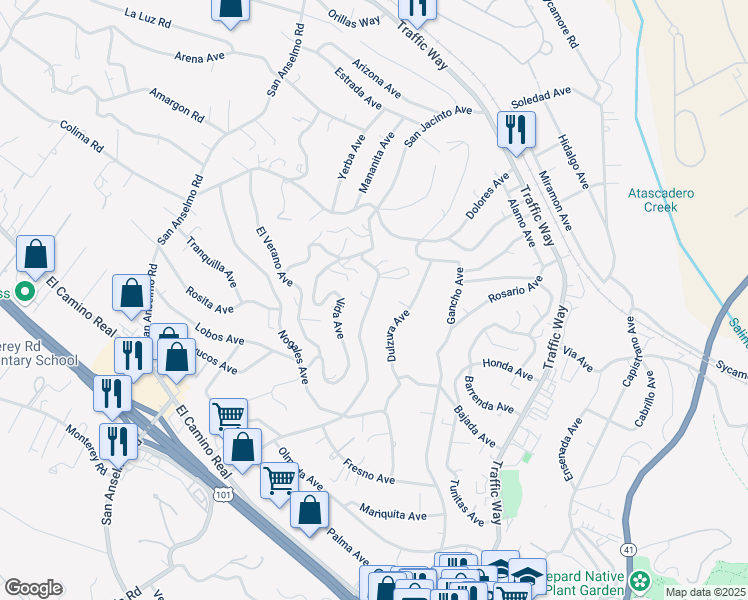 map of restaurants, bars, coffee shops, grocery stores, and more near 5135 San Jacinto Avenue in Atascadero