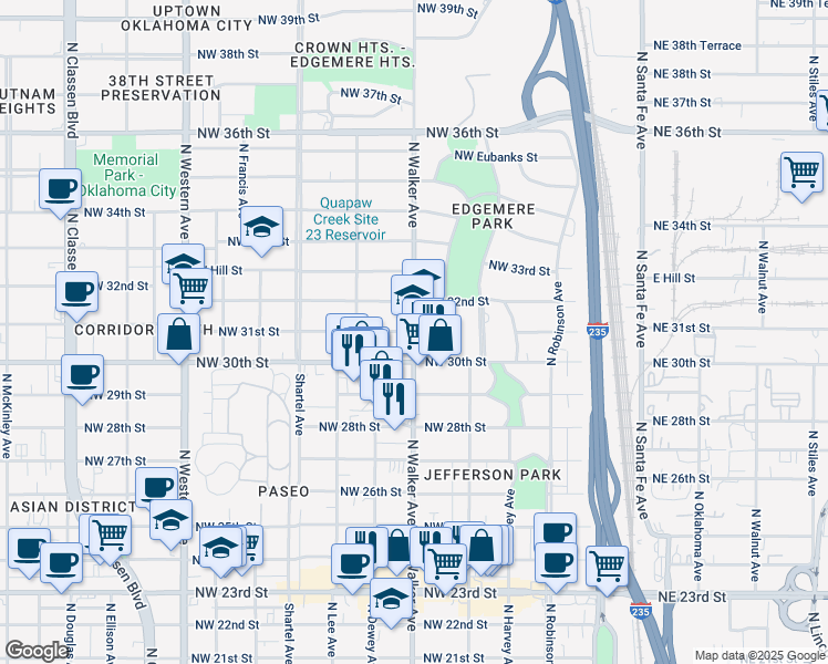 map of restaurants, bars, coffee shops, grocery stores, and more near 3200 North Walker Avenue in Oklahoma City