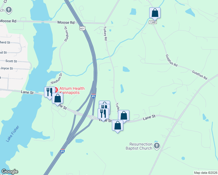 map of restaurants, bars, coffee shops, grocery stores, and more near 6225 Turkey Road in Kannapolis