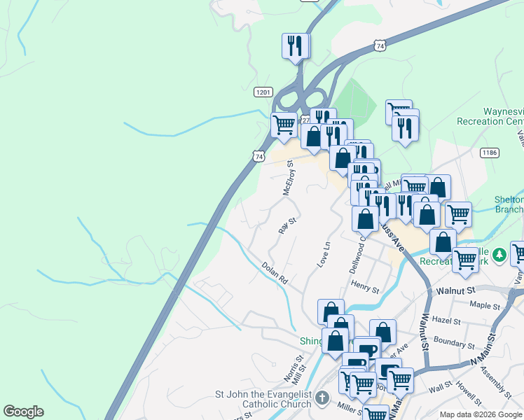 map of restaurants, bars, coffee shops, grocery stores, and more near 388 Ray Street in Waynesville